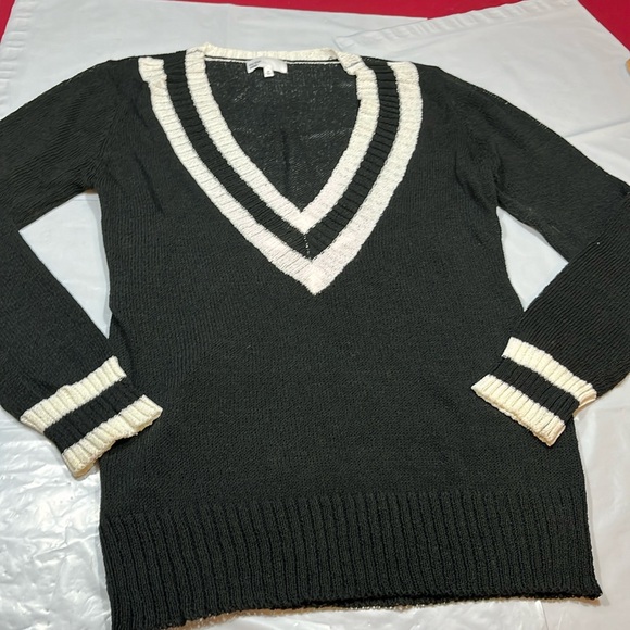by the way. Black TENNIS SWEATER Ribbed DEEP V-neck Collegiate white stripes XS - Picture 1 of 13